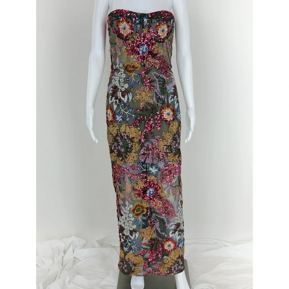 Bronx & Banco Dahlia Gown Strapless Floral Sequin Mesh Dress Multi Color Size L - Picture 3 of 6